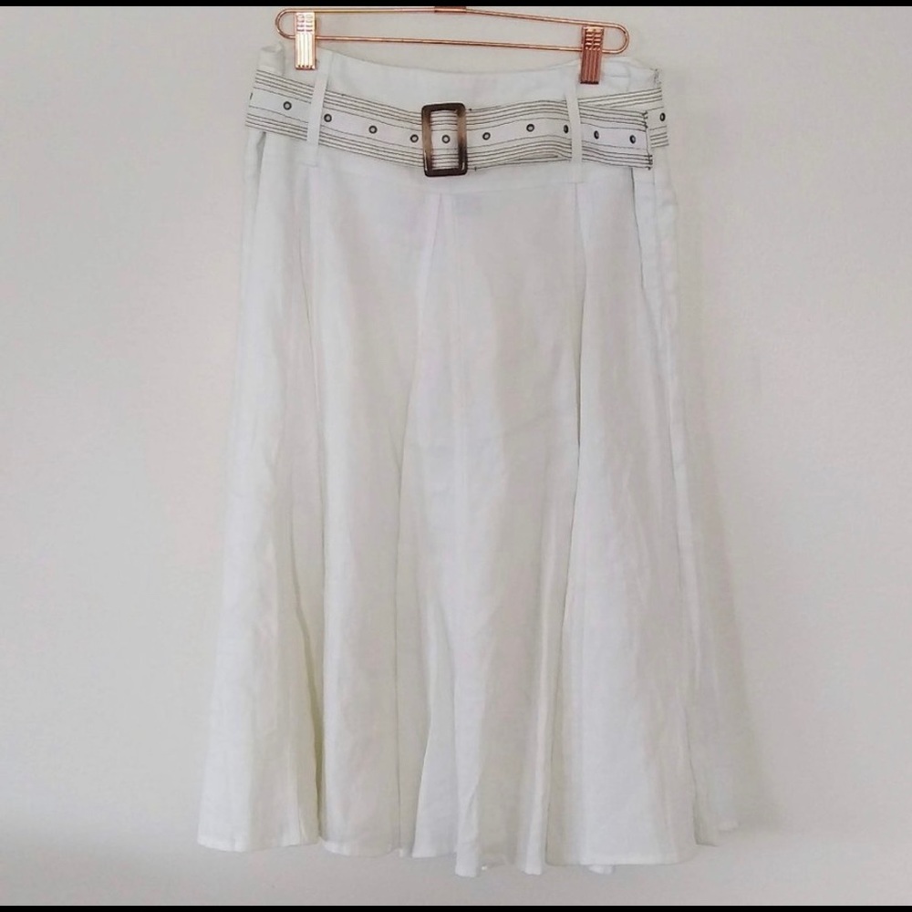 St. Tropez West Linen Belted Midi Skirt White